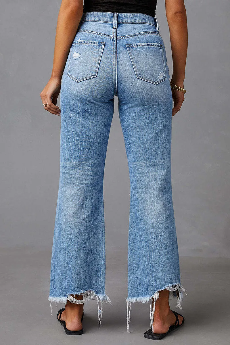 HPZ1078 High-Rise Flare Leg Distressed Hem Jeans Pant