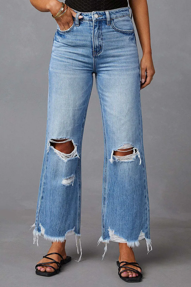 HPZ1078 High-Rise Flare Leg Distressed Hem Jeans Pant