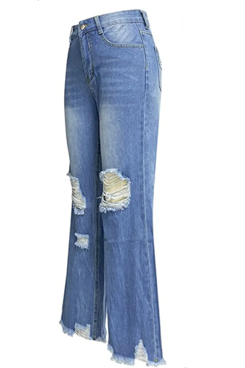 HPZ1078 High-Rise Flare Leg Distressed Hem Jeans Pant
