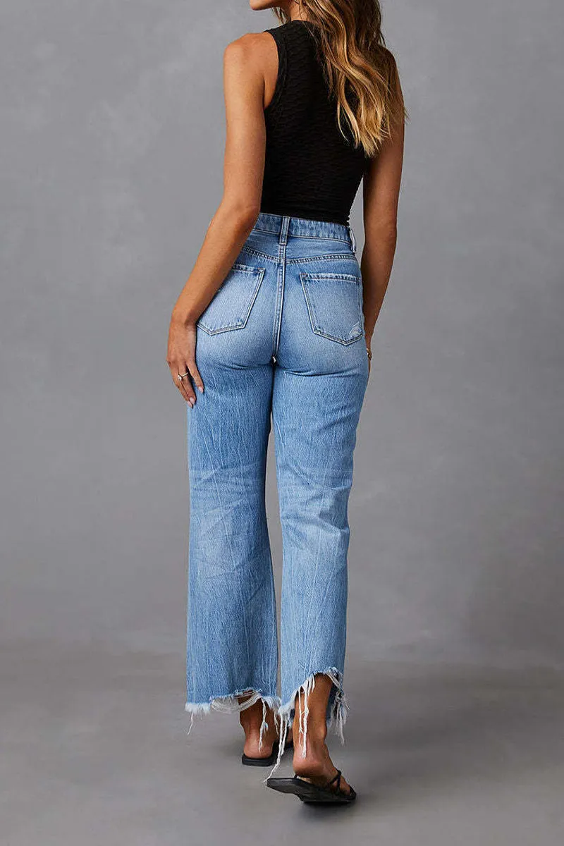 HPZ1078 High-Rise Flare Leg Distressed Hem Jeans Pant