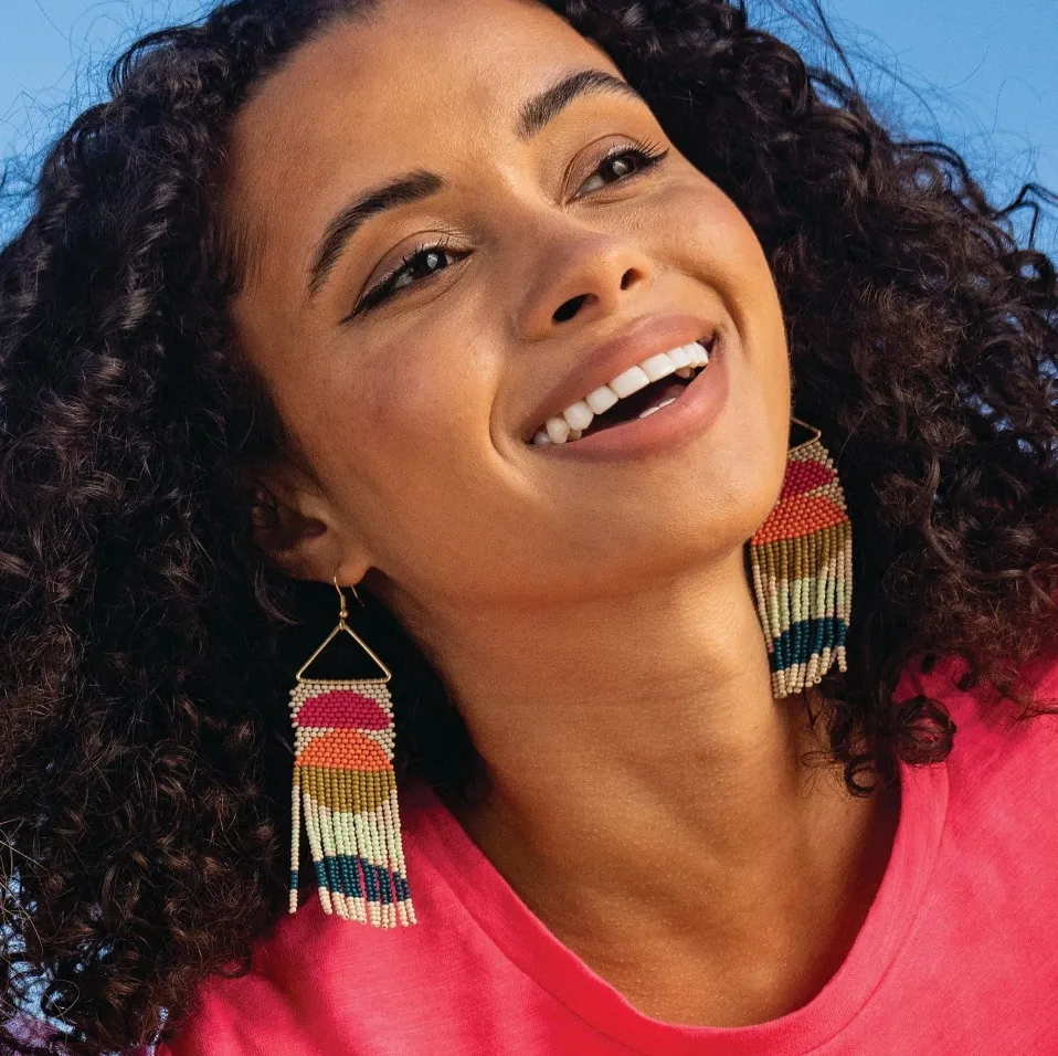 Ivory Pink Citron Peacock Half Circles on Triangle Earrings