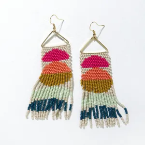 Ivory Pink Citron Peacock Half Circles on Triangle Earrings