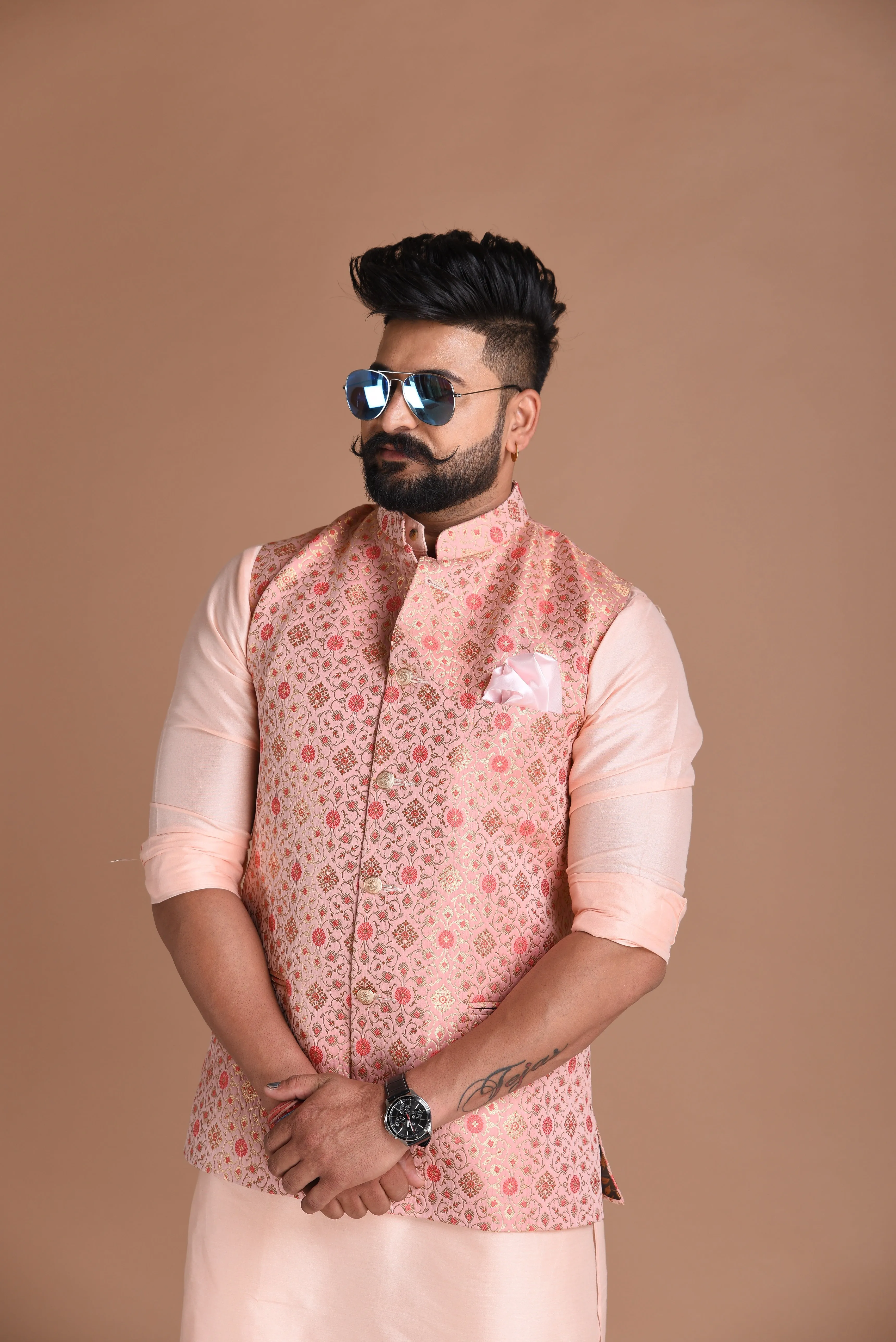 Jaipuri Floral Pattern Brocade Silk Pink Nehru Jacket With Kurta Pajama