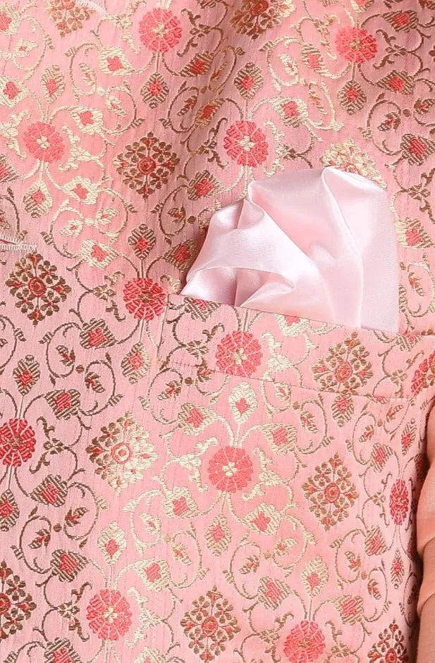 Jaipuri Floral Pattern Brocade Silk Pink Nehru Jacket With Kurta Pajama