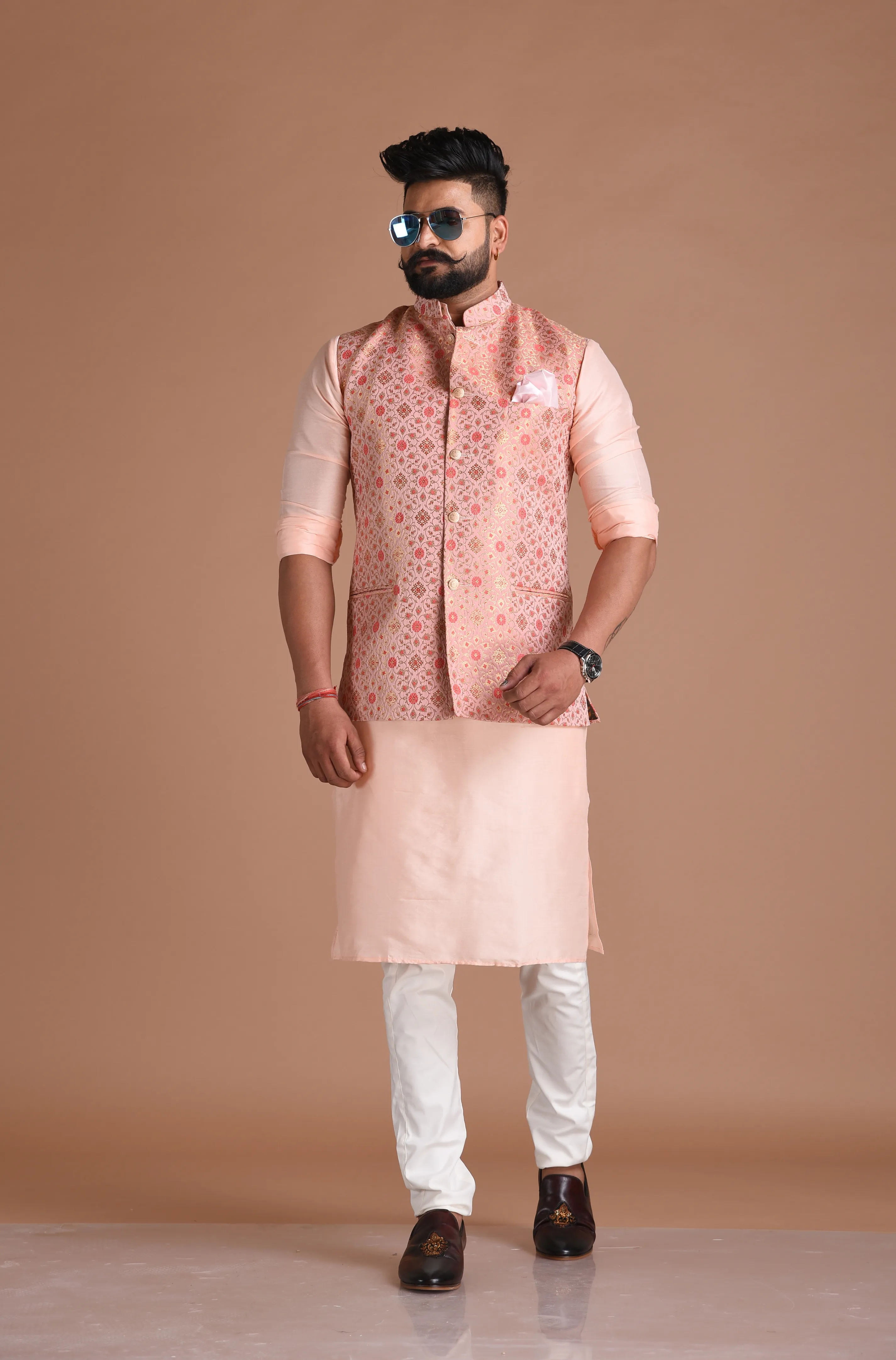 Jaipuri Floral Pattern Brocade Silk Pink Nehru Jacket With Kurta Pajama