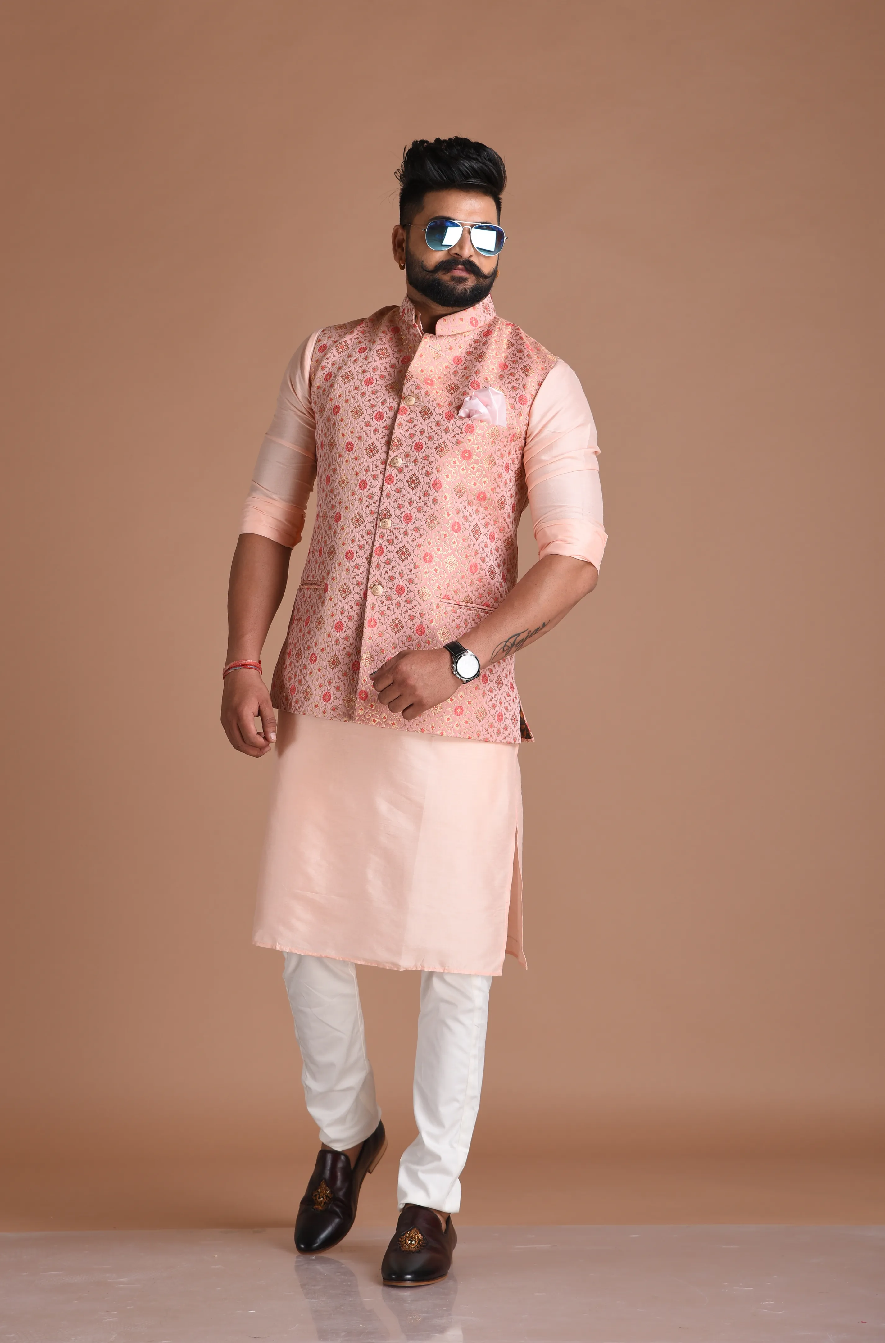 Jaipuri Floral Pattern Brocade Silk Pink Nehru Jacket With Kurta Pajama