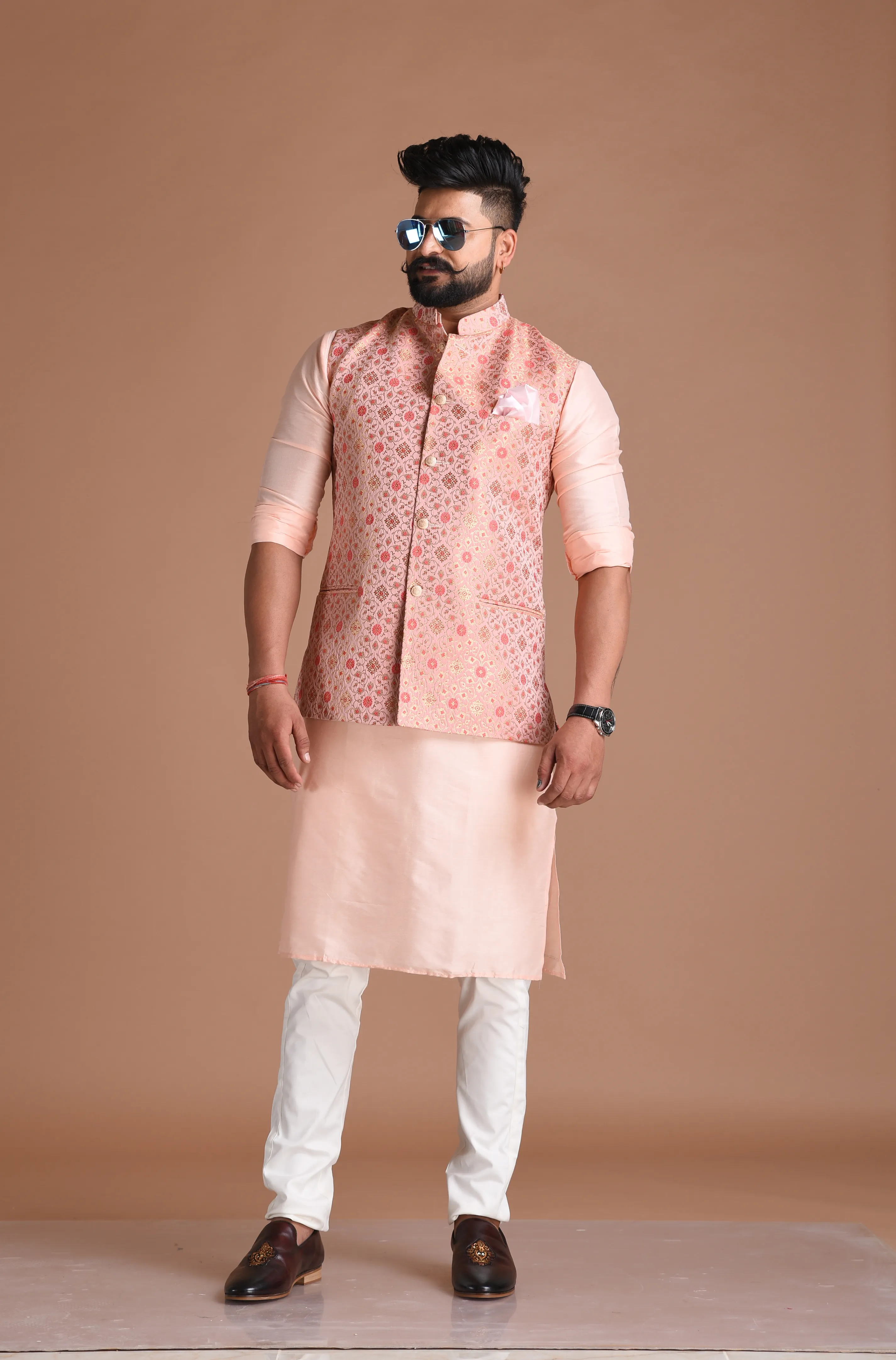 Jaipuri Floral Pattern Brocade Silk Pink Nehru Jacket With Kurta Pajama
