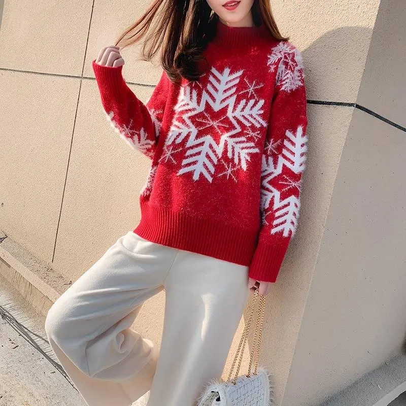 Joker Sweaters Wear High-neck Sweaters on Christmas Day, Women Thicken Warm Autumn and Winter Loose