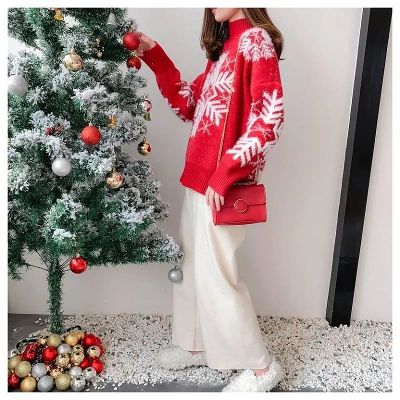 Joker Sweaters Wear High-neck Sweaters on Christmas Day, Women Thicken Warm Autumn and Winter Loose