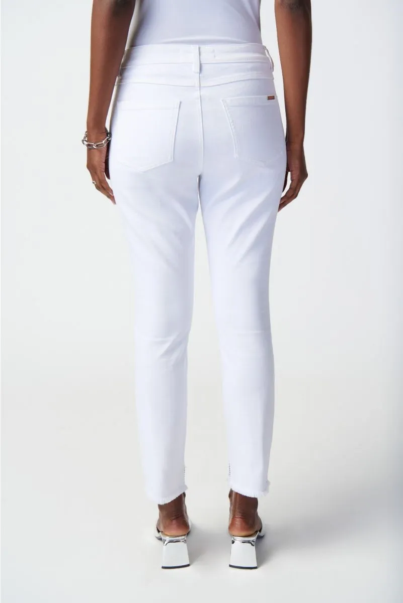 Joseph Ribkoff White Denim Studded Frayed Slim Cropped Jeans 241921