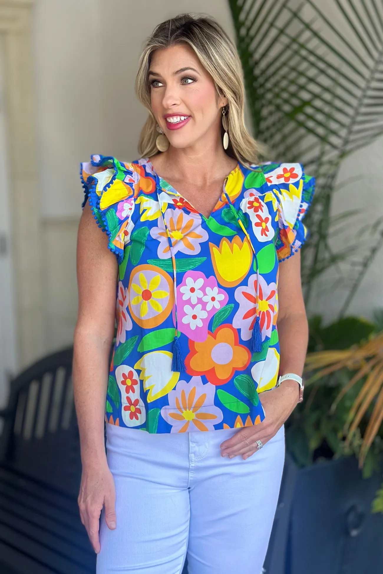Joy Joy Bold Gardens Ruffle Sleeve Top