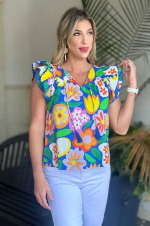 Joy Joy Bold Gardens Ruffle Sleeve Top