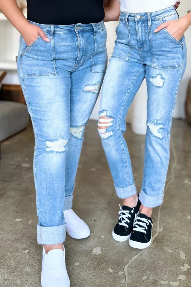 Judy Blue Distressed Straight Jeans with Patch Pockets