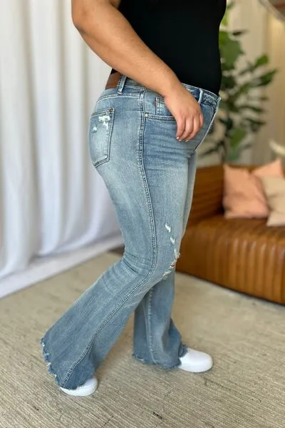 Judy Blue Full Size Medium Rise Tummy Control Destroy Flare ONLINE EXCLUSIVE