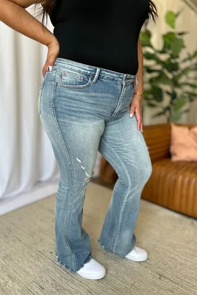 Judy Blue Full Size Medium Rise Tummy Control Destroy Flare ONLINE EXCLUSIVE