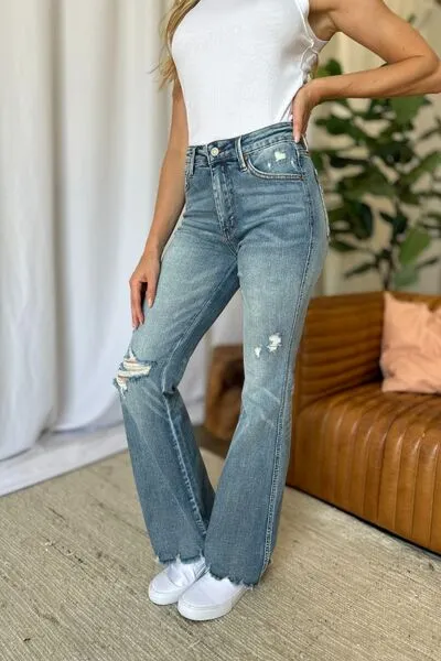 Judy Blue Full Size Medium Rise Tummy Control Destroy Flare ONLINE EXCLUSIVE