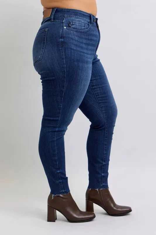 Judy Blue Full Size Mid Rise Skinny Jeans with Raw Hem Plus Size