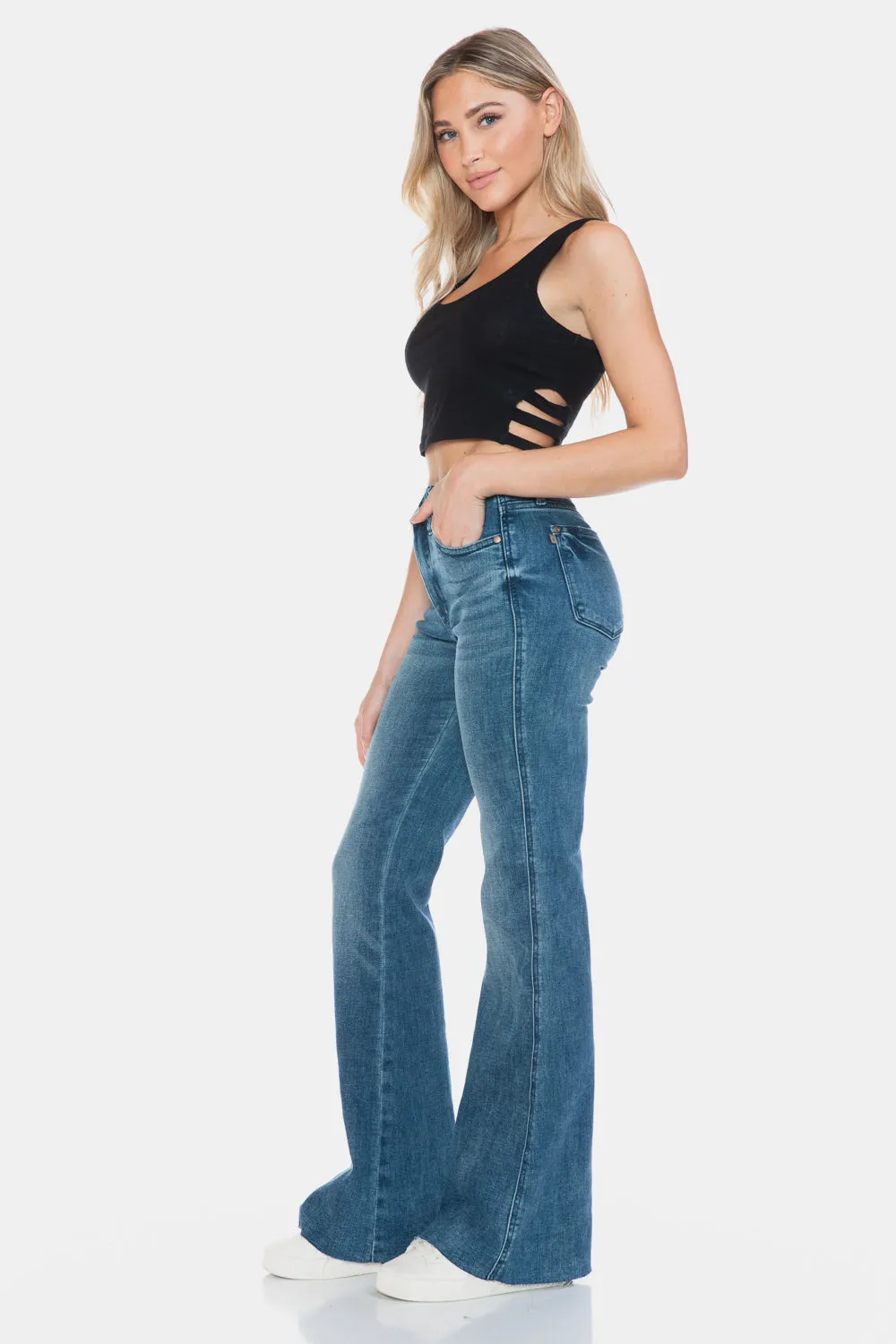 Judy Blue Full Size Tummy Control Cut Hem Long Flare Jeans