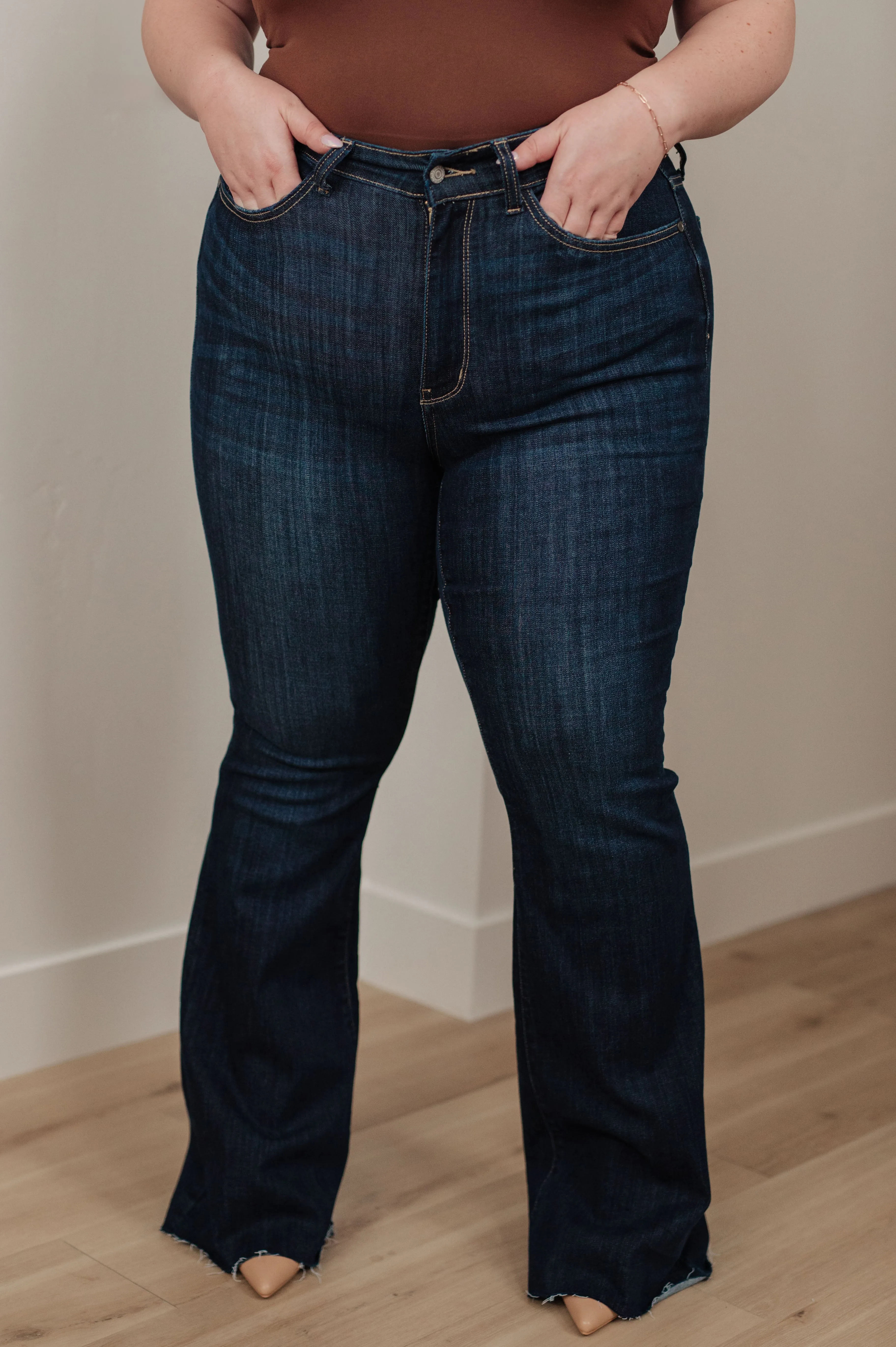 Judy Blue High-Rise Raw Hem Flare Jeans in Dark Wash