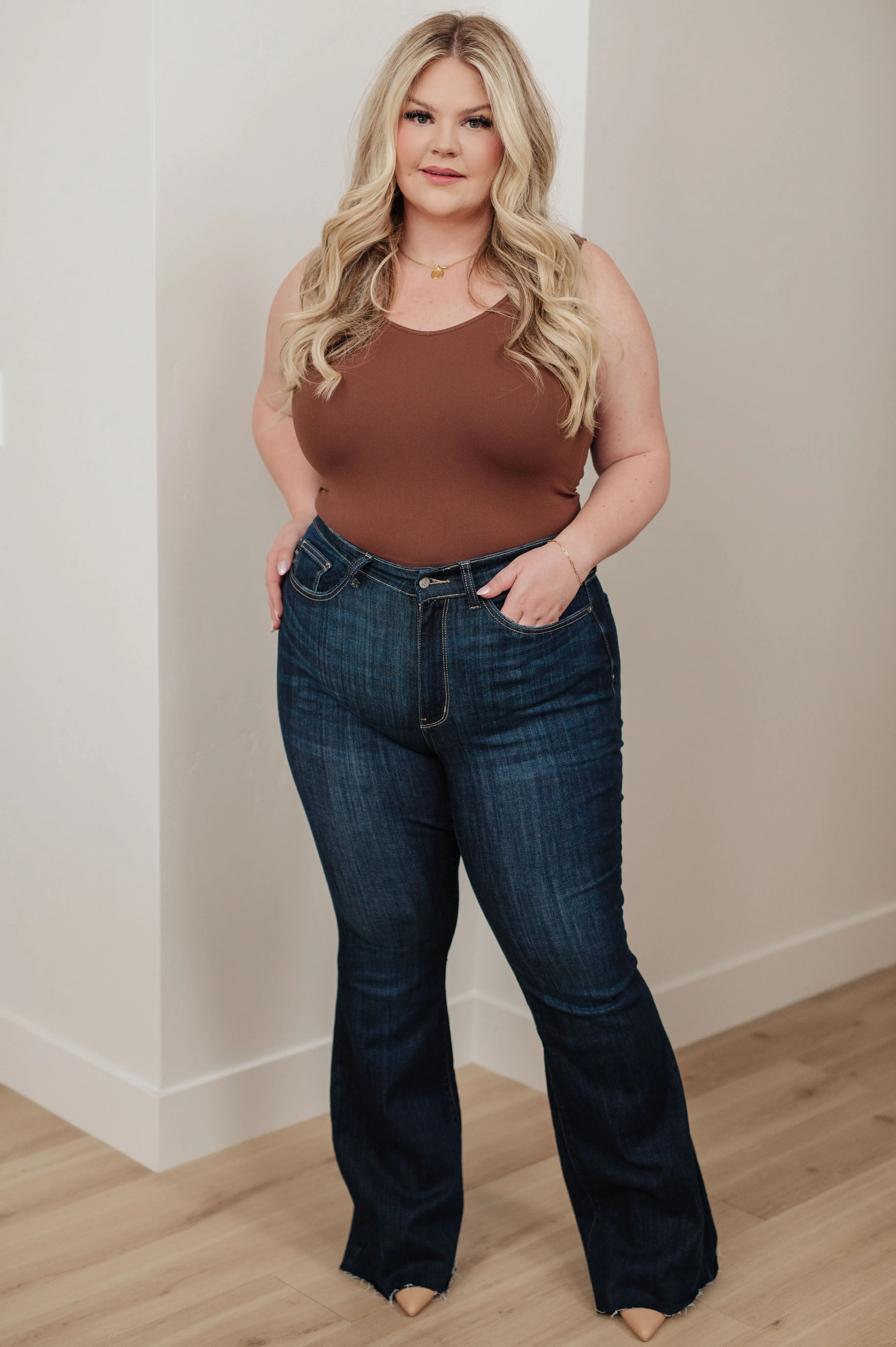 Judy Blue High-Rise Raw Hem Flare Jeans in Dark Wash
