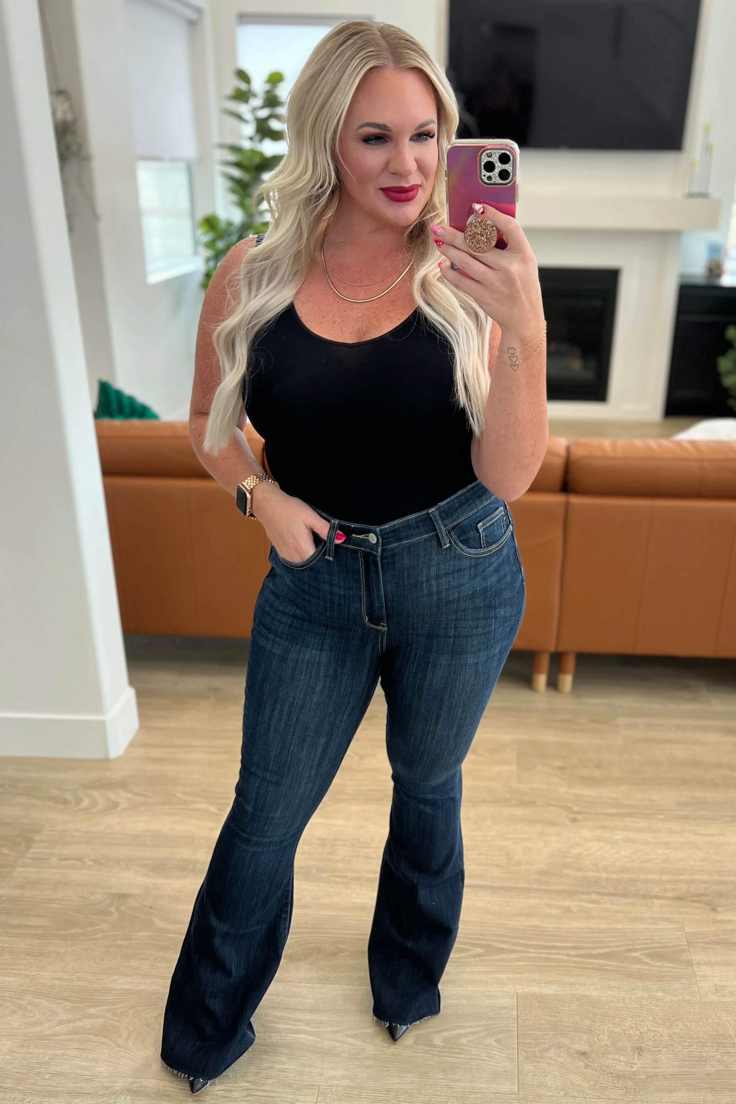 Judy Blue High-Rise Raw Hem Flare Jeans in Dark Wash