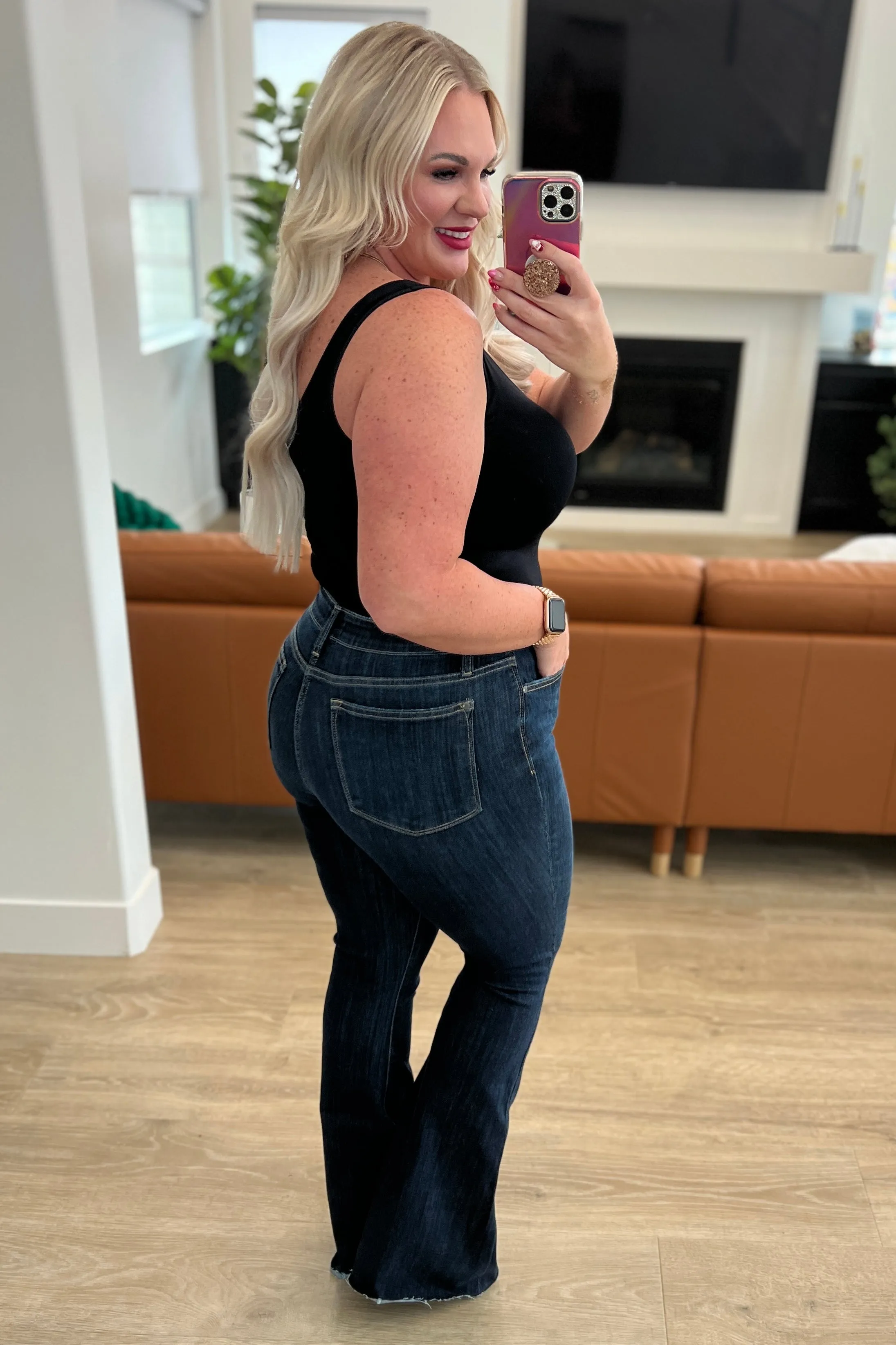 Judy Blue High-Rise Raw Hem Flare Jeans in Dark Wash