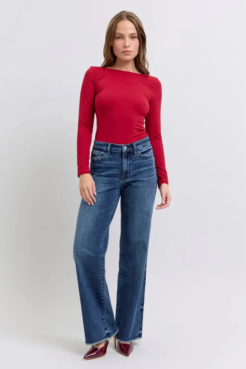 Judy Blue  Raw Hem Mid Rise Straight Leg Jeans