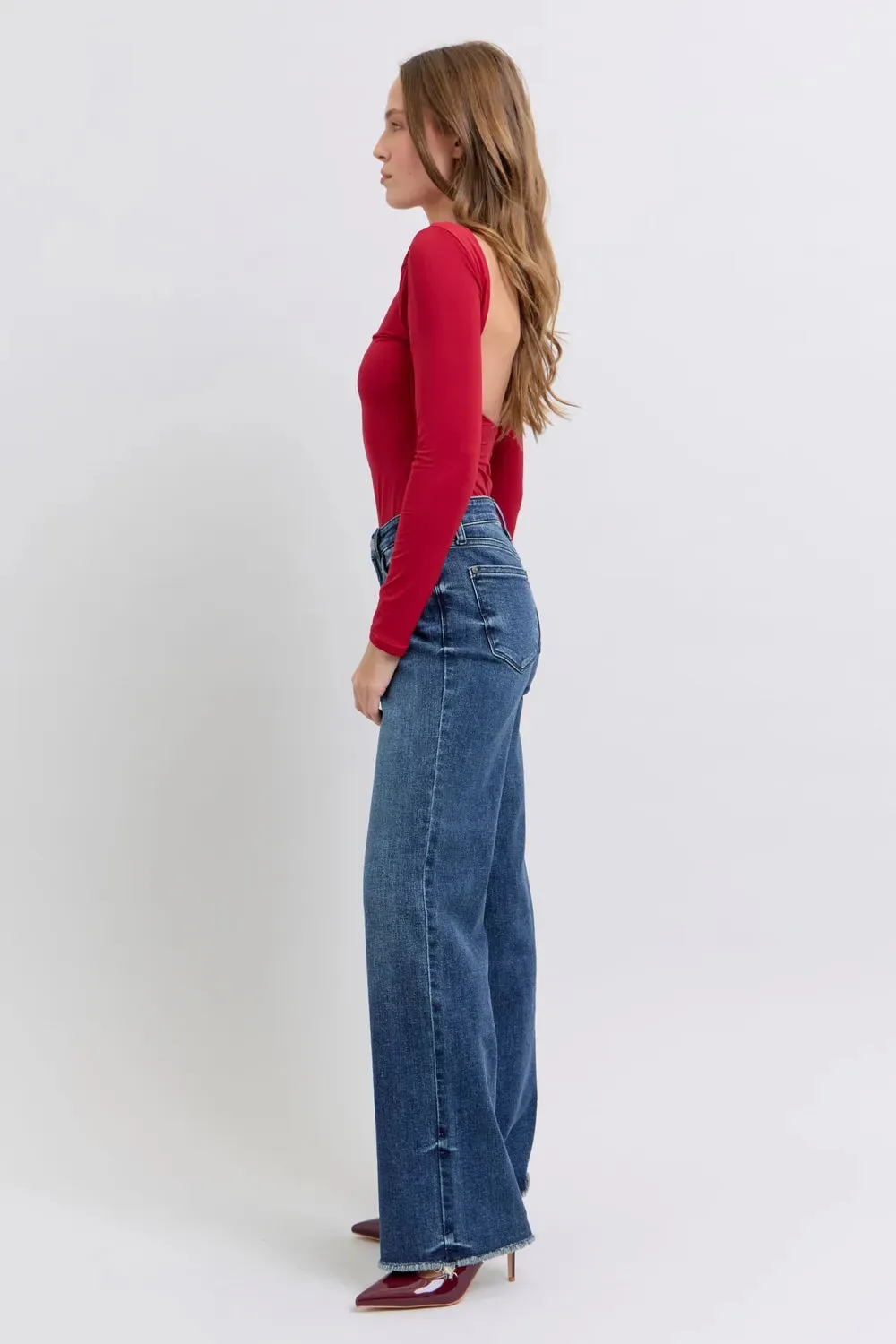 Judy Blue  Raw Hem Mid Rise Straight Leg Jeans