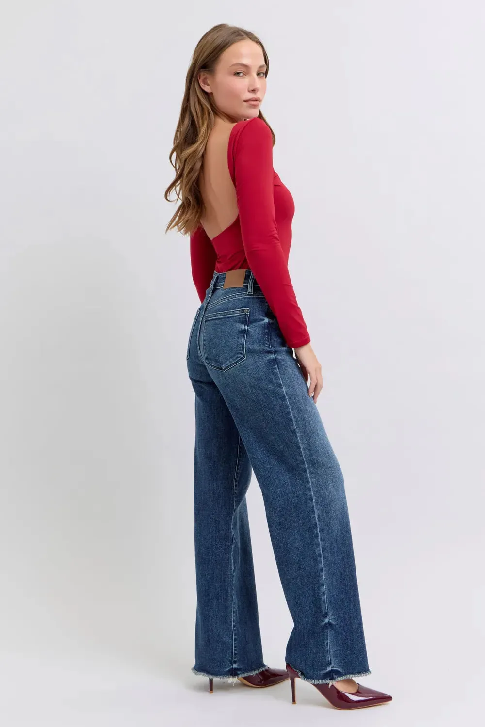 Judy Blue  Raw Hem Mid Rise Straight Leg Jeans