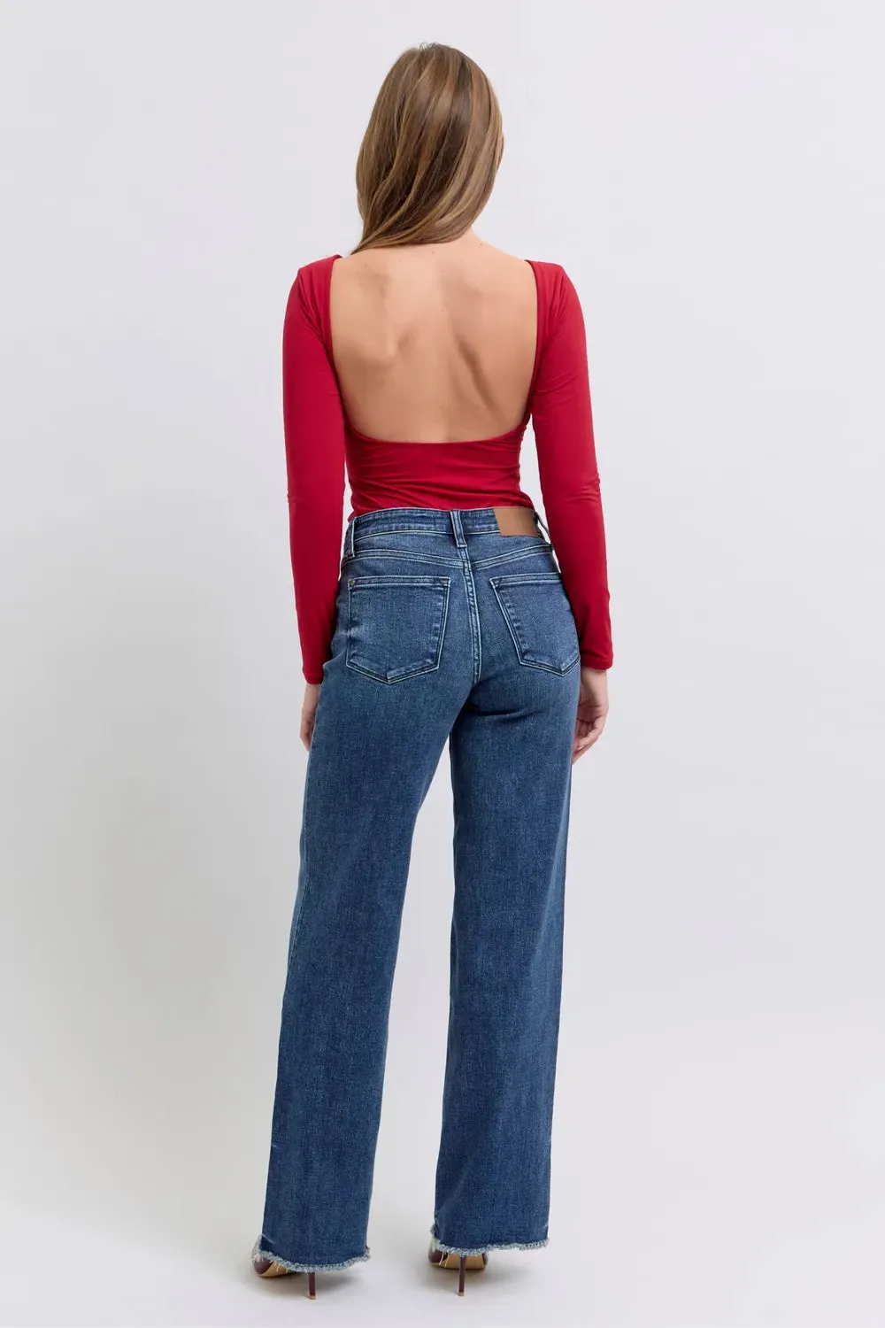 Judy Blue  Raw Hem Mid Rise Straight Leg Jeans