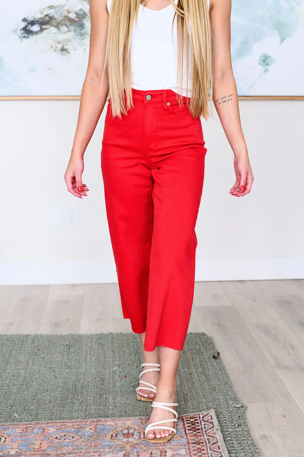 Judy Blue Tummy Control Wide Leg Crop Jeans in Red