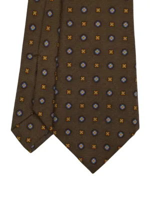 Kiton 5-Fold Brown & Orange Pure Cashmere Geometric Pattern Tie
