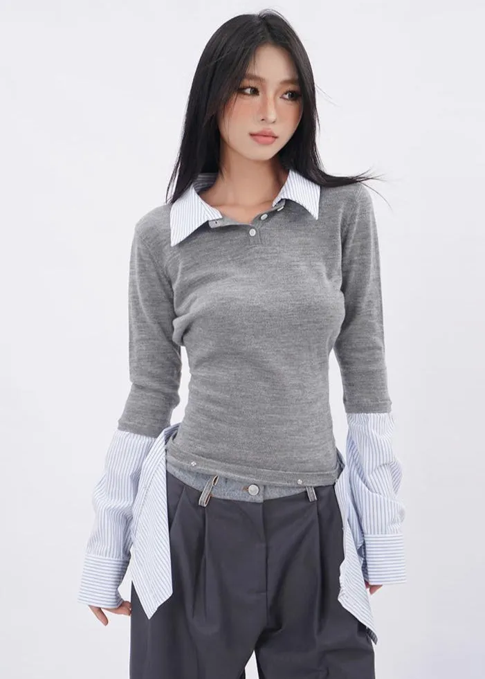 Knitted fake two-piece lapel shirt