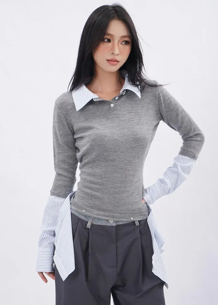 Knitted fake two-piece lapel shirt