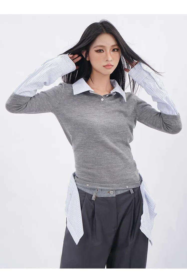 Knitted fake two-piece lapel shirt