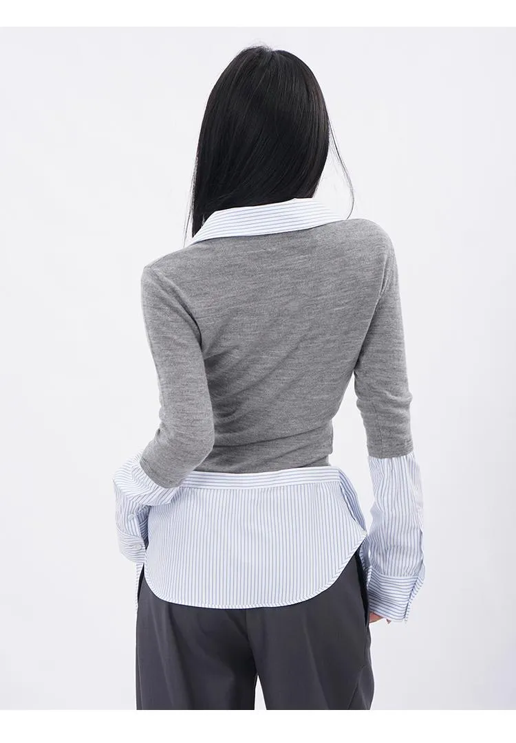 Knitted fake two-piece lapel shirt