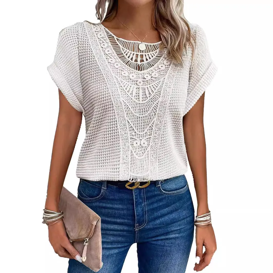 Lace Patchwork Short-sleeved T-shirt Women's Clothing - Women T-shirt with lace splice and round neckline