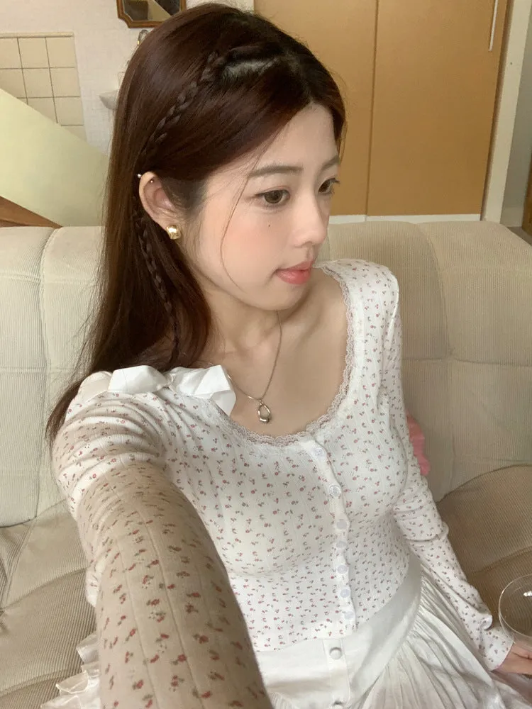 Lace small floral slim cardigan