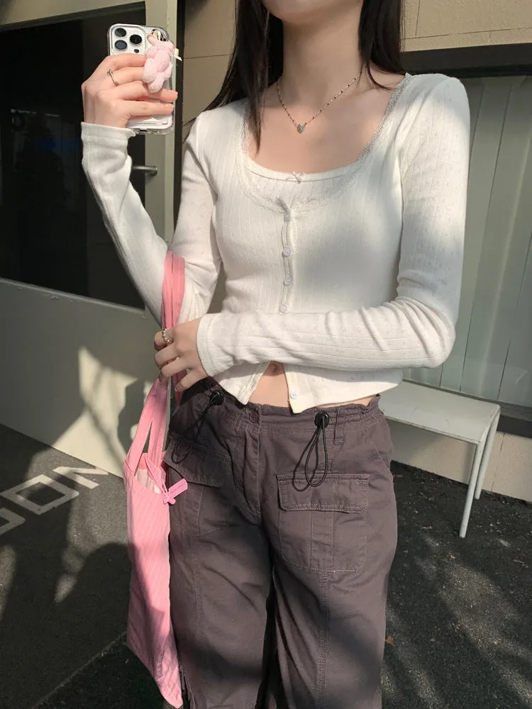 Lace small floral slim cardigan