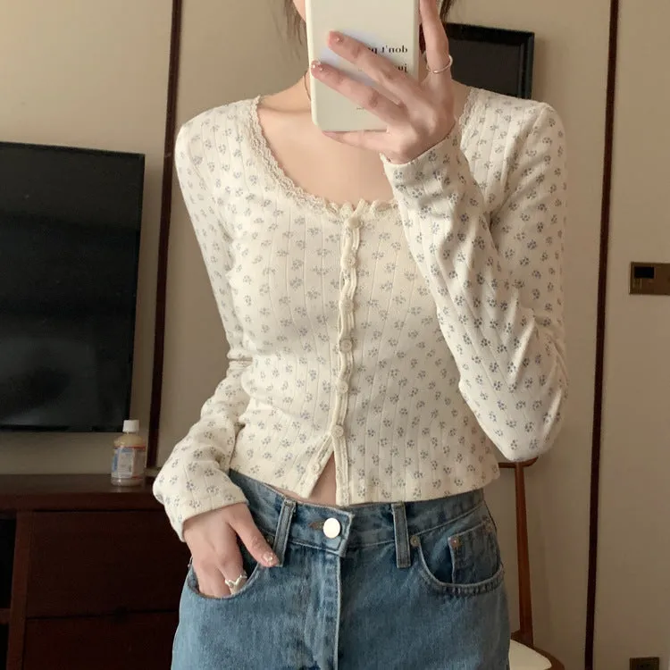 Lace small floral slim cardigan