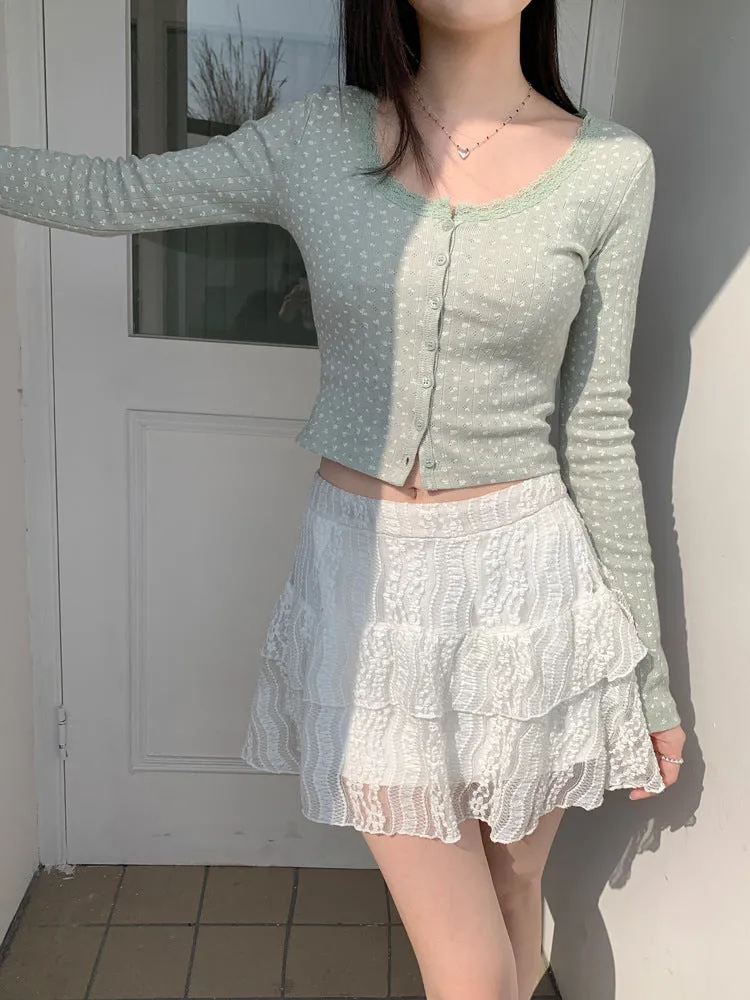 Lace small floral slim cardigan