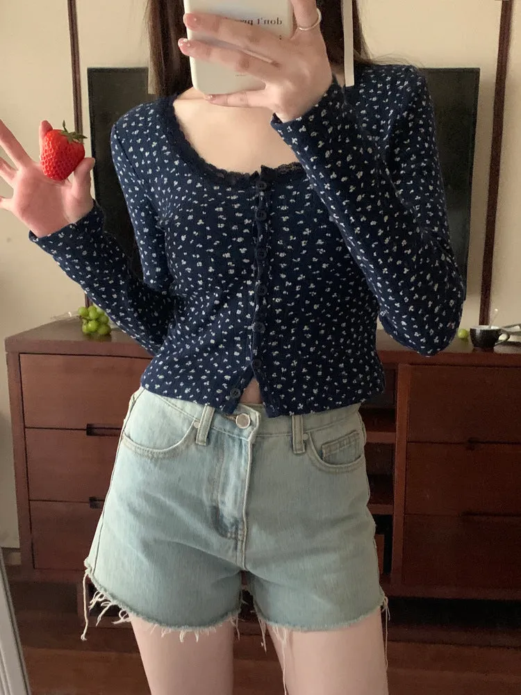 Lace small floral slim cardigan