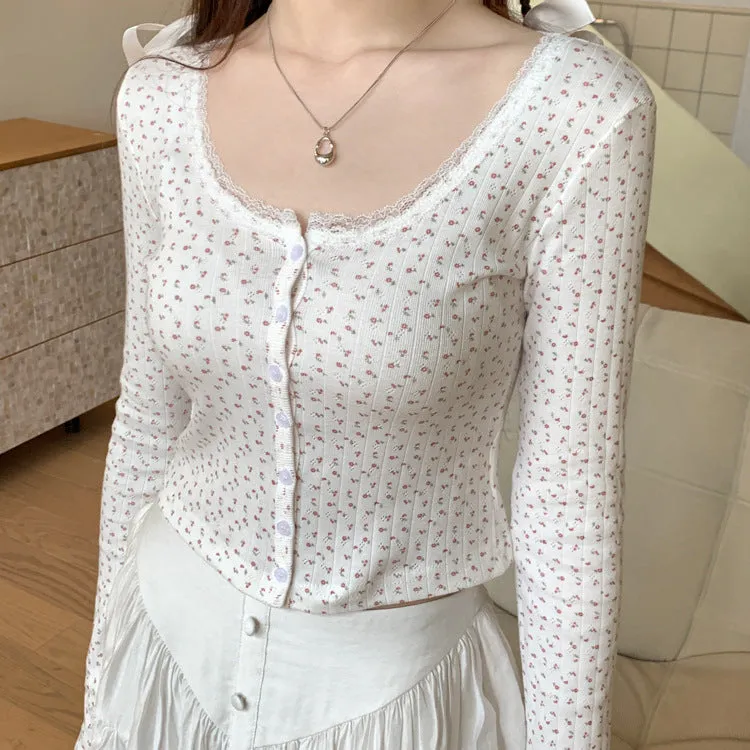 Lace small floral slim cardigan