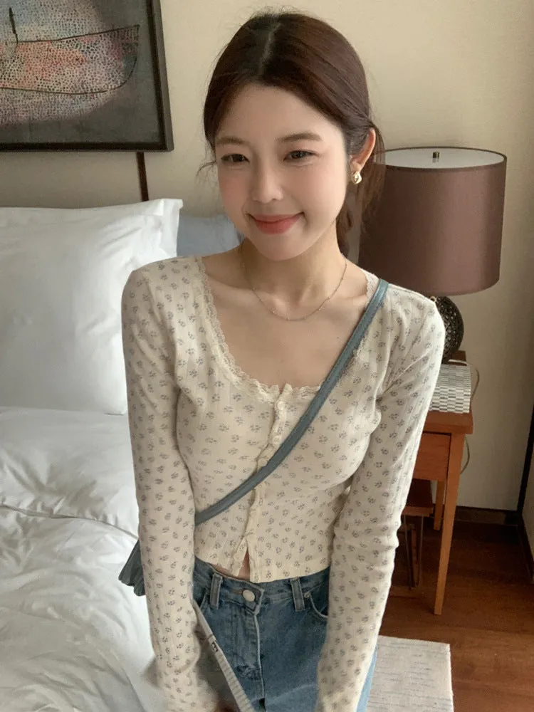 Lace small floral slim cardigan