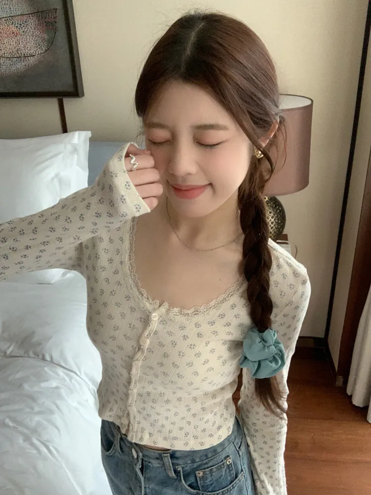 Lace small floral slim cardigan