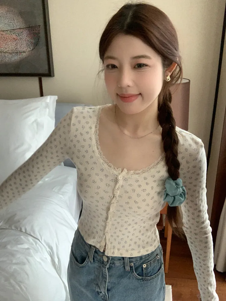 Lace small floral slim cardigan