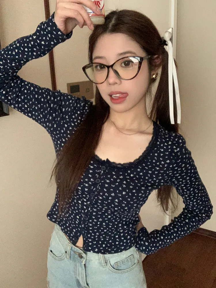Lace small floral slim cardigan