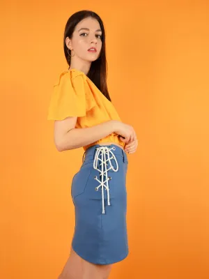 Lace up Skirt, Upcycled Cotton, in Denim Blue