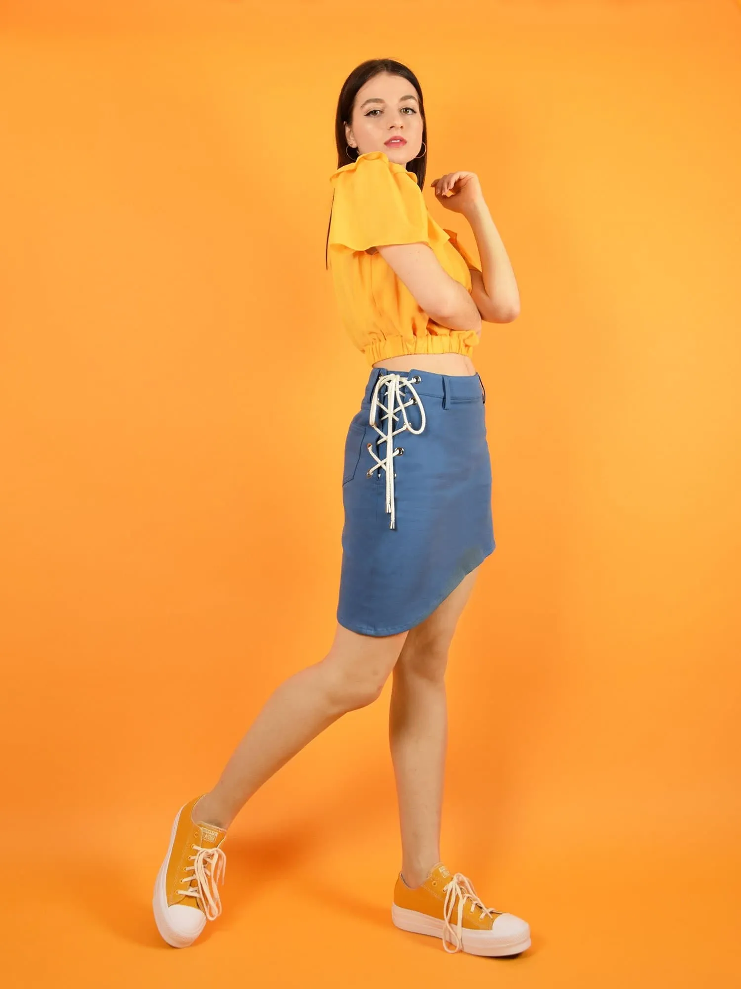 Lace up Skirt, Upcycled Cotton, in Denim Blue