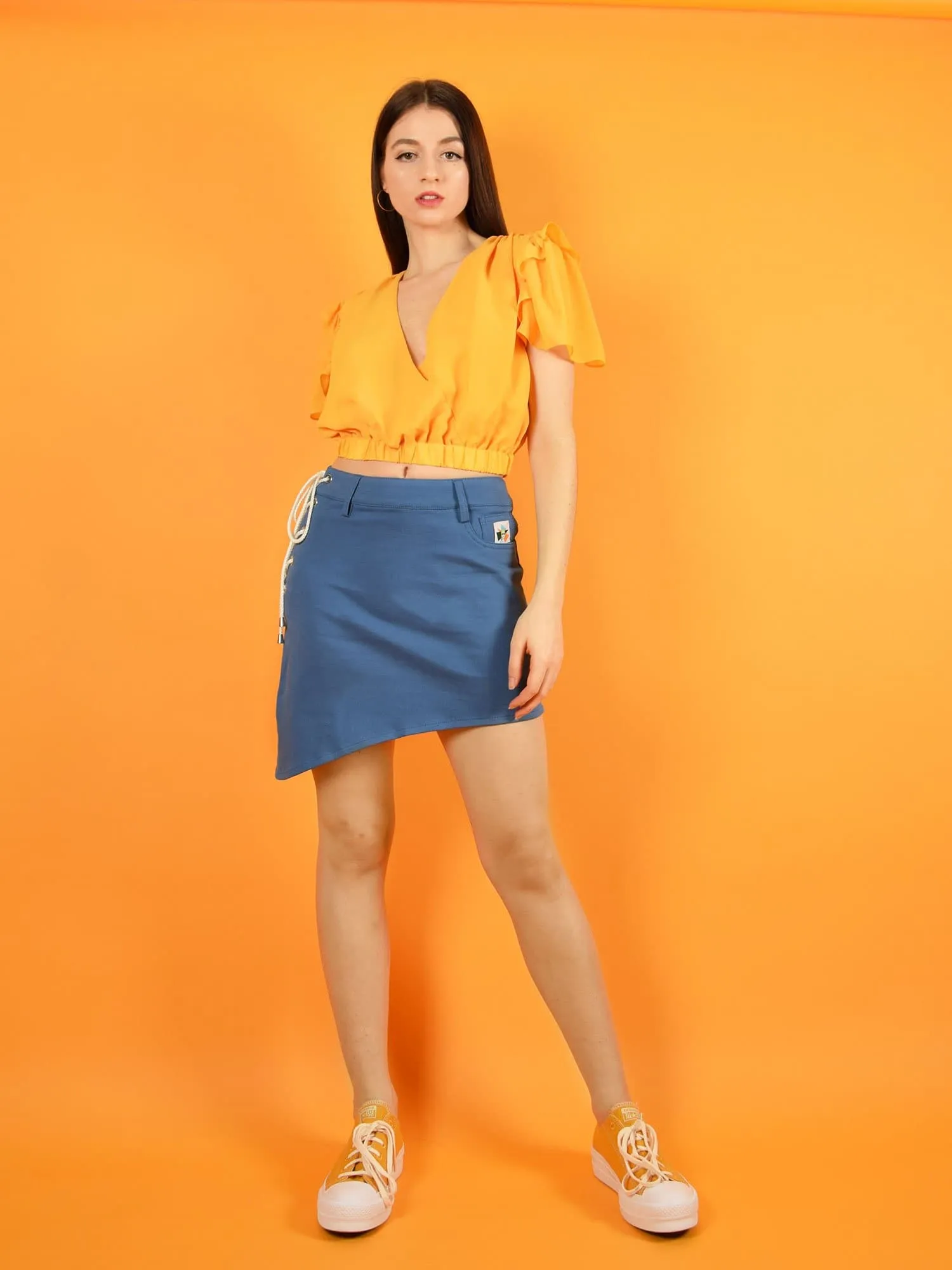 Lace up Skirt, Upcycled Cotton, in Denim Blue